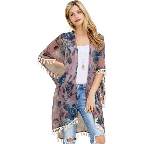 Sweaters - Mauve Floral Print Fringe Open Kimono Shawl Cardigan Kaftan Poncho Cover Up Vest